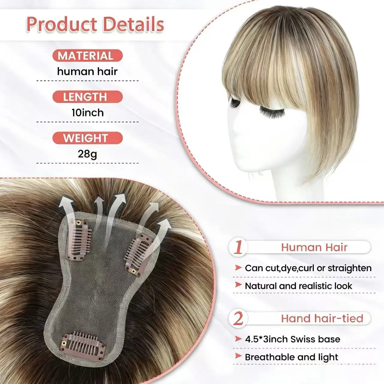 🔥Final Hours—Up to 85% Off🔥Human Hair Topper with Bangs | Hair Piece for Thinning Hair